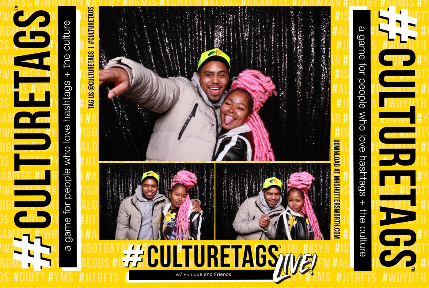 Photo-booth strips framed with the CultureTags Live! logo