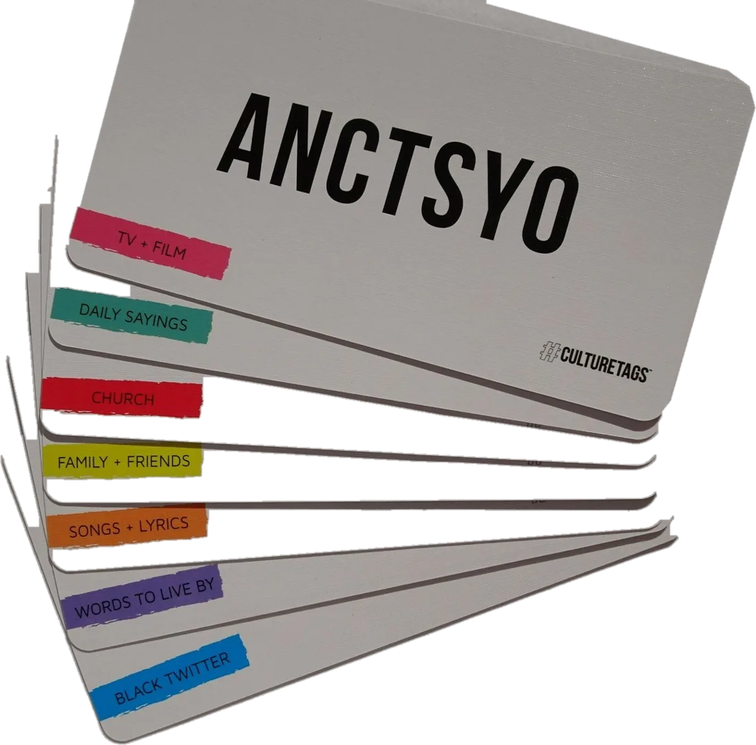 CultureTags cards fanned out to show the category stripes: TV and film, daily sayings, church, family and friends, songs and lyrics, words to live by, Black Twitter