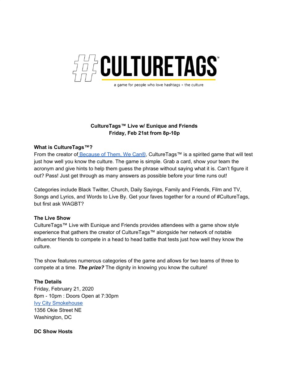 First page of the CultureTags Live w/ Eunique and Friends one-pager: what the game is, how the live show works, and the details for Friday, February 21, 2020 at Ivy City Smokehouse