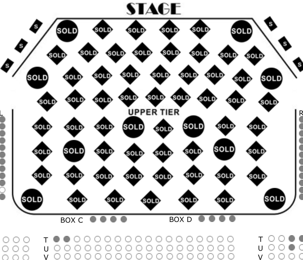 A seating chart with the stage at the top, tables and an upper tier, nearly every seat marked SOLD