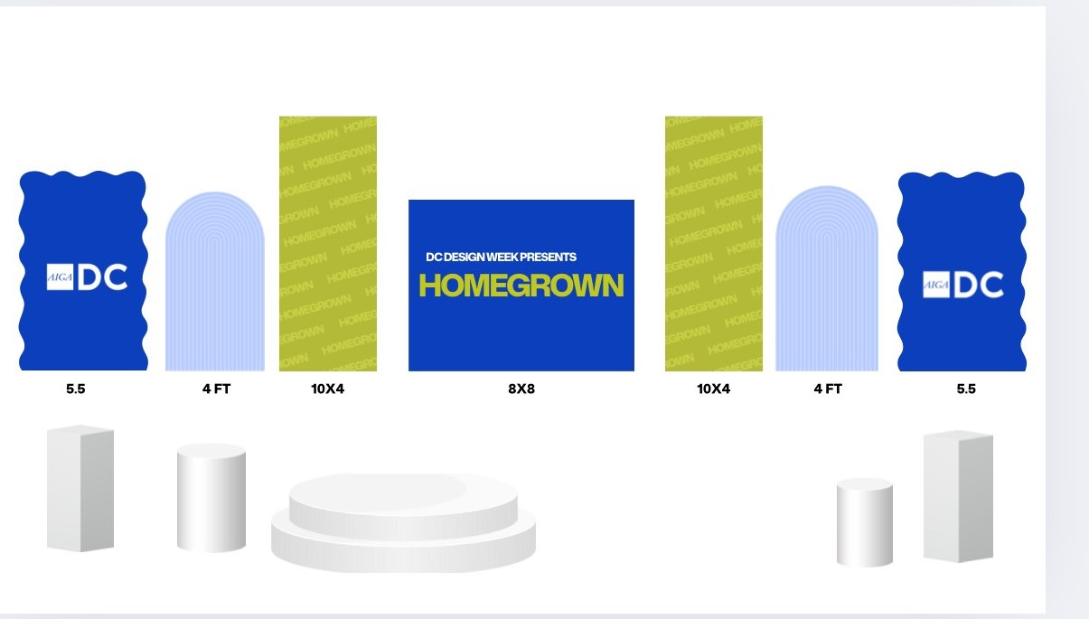 Homegrown stage plan: wavy blue DC panels, pale arches and lime Homegrown columns either side of an 8×8 “DC Design Week Presents Homegrown” board, with plinths and a low round riser