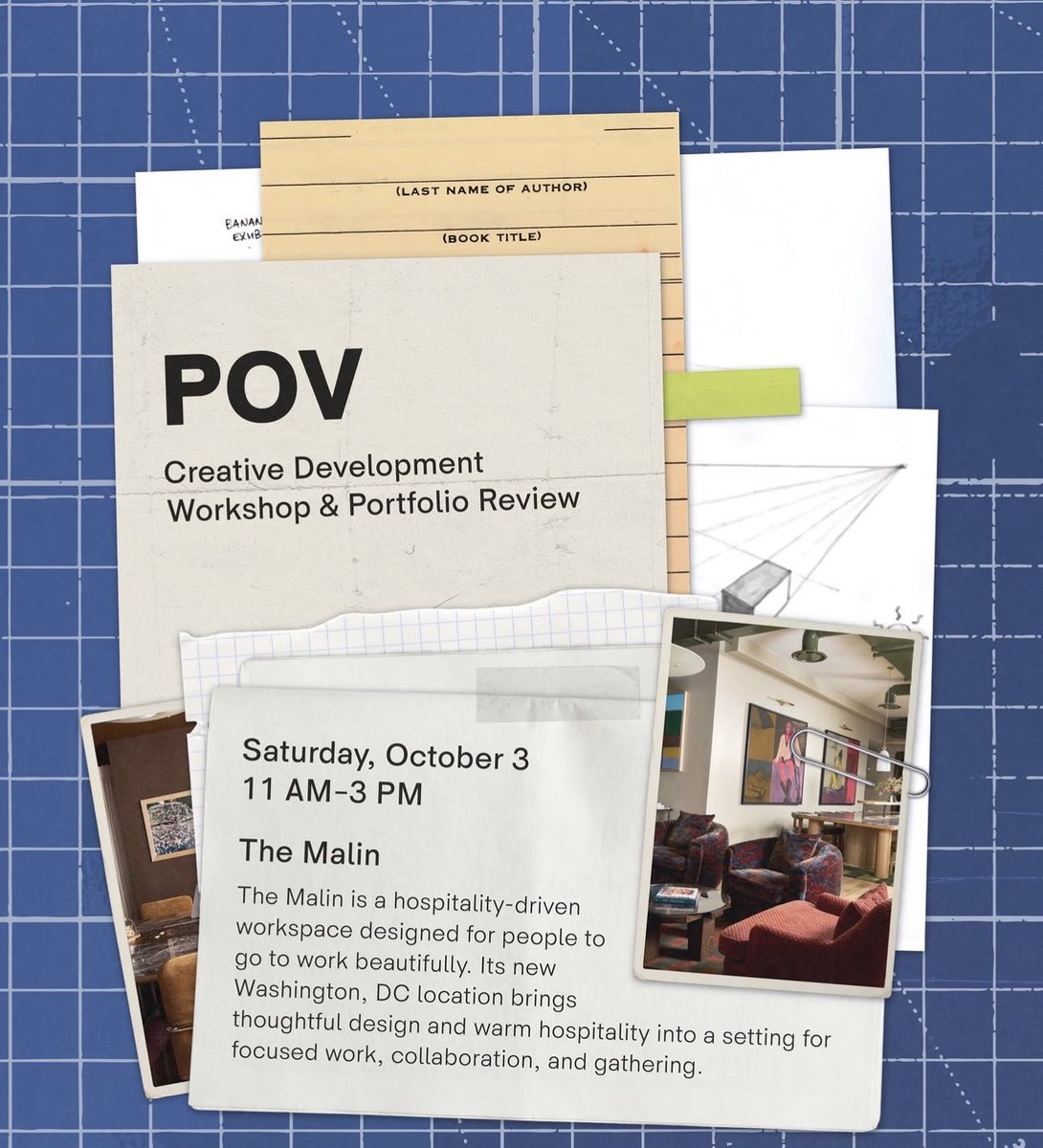 The POV announcement: a paper folder on a blue grid, “POV, Creative Development Workshop & Portfolio Review, Saturday, October 3, 11 AM–3 PM, The Malin”