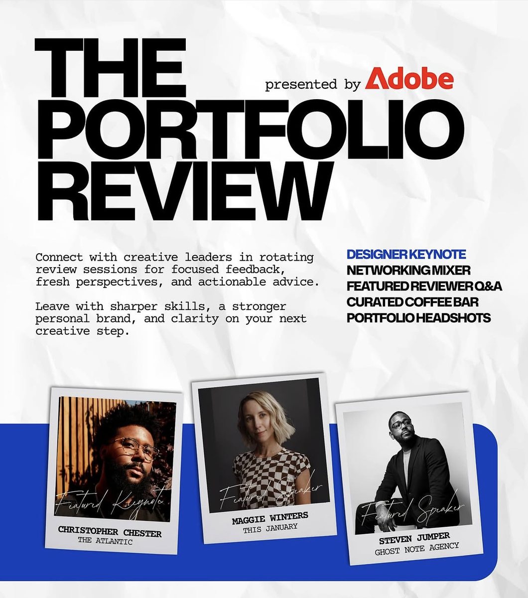 The Portfolio Review flyer, presented by Adobe: rotating review sessions, designer keynote, networking mixer