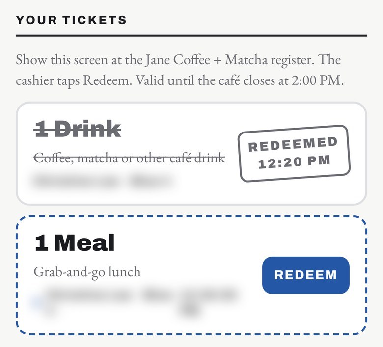 Participant screen: drink ticket stamped Redeemed, meal ticket with a Redeem button