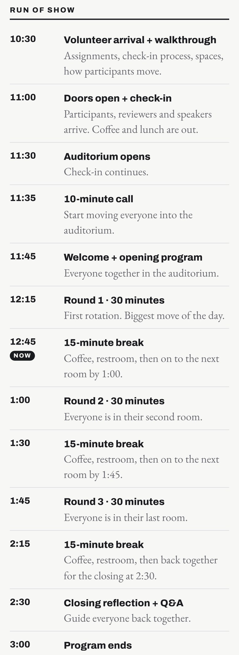 Volunteer screen: run of show from 10:30 to 3:00 with the current block marked Now