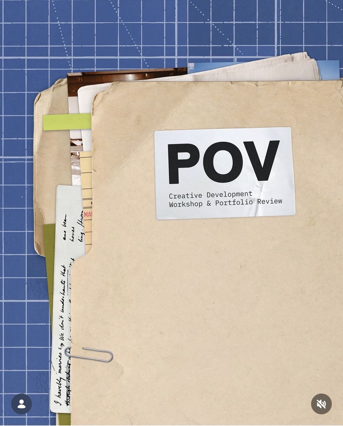 The POV program folder: Creative Development Workshop & Portfolio Review, paper-clipped on a blue grid