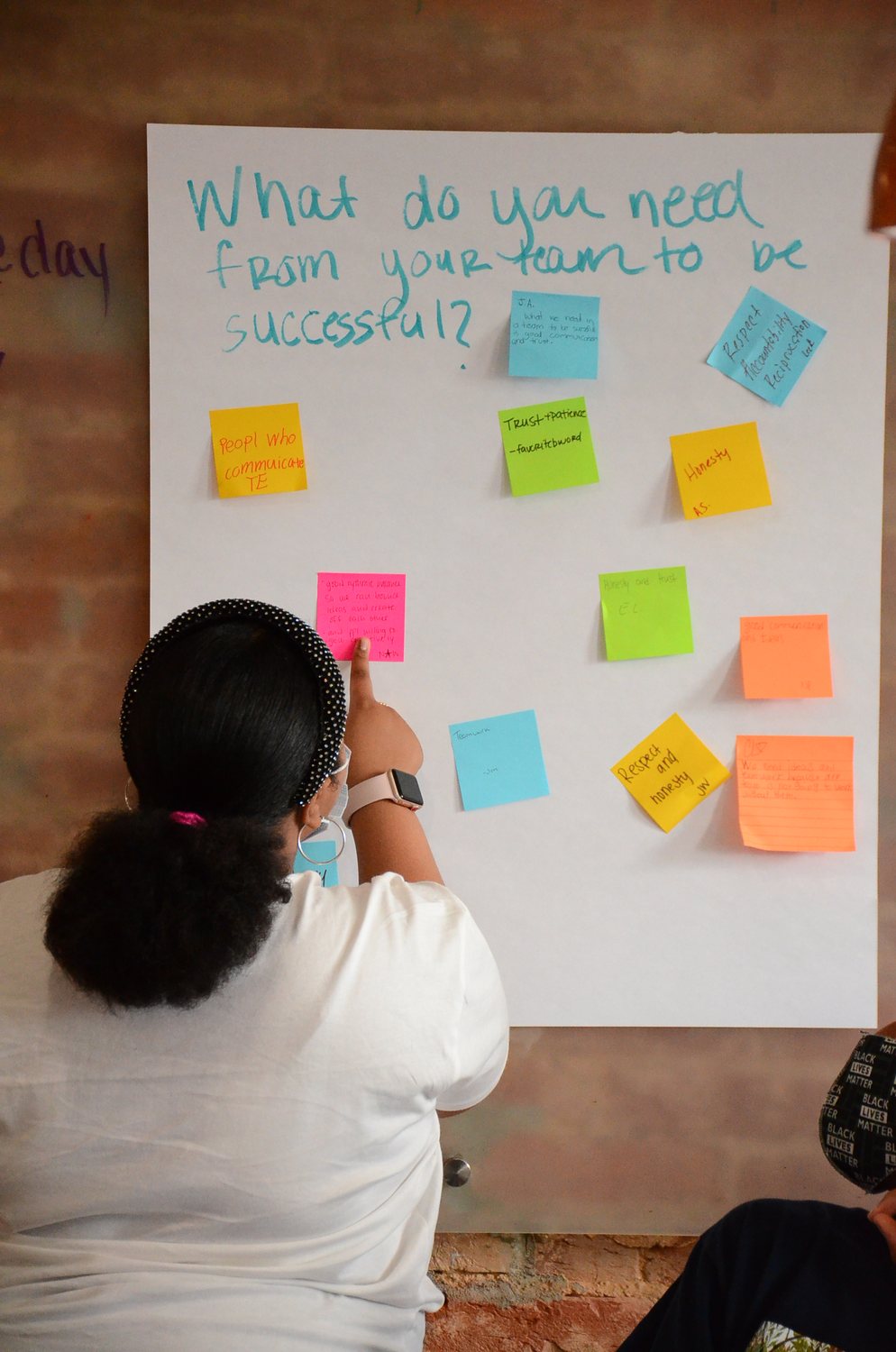 A young person adds a sticky note to a flip-chart page asking “What do you need from your team to be successful?”