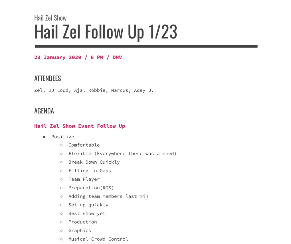 Hail Zel Follow Up 1/23, 23 January 2020: attendees and the agenda for the team's post-show follow-up, opening with what went well