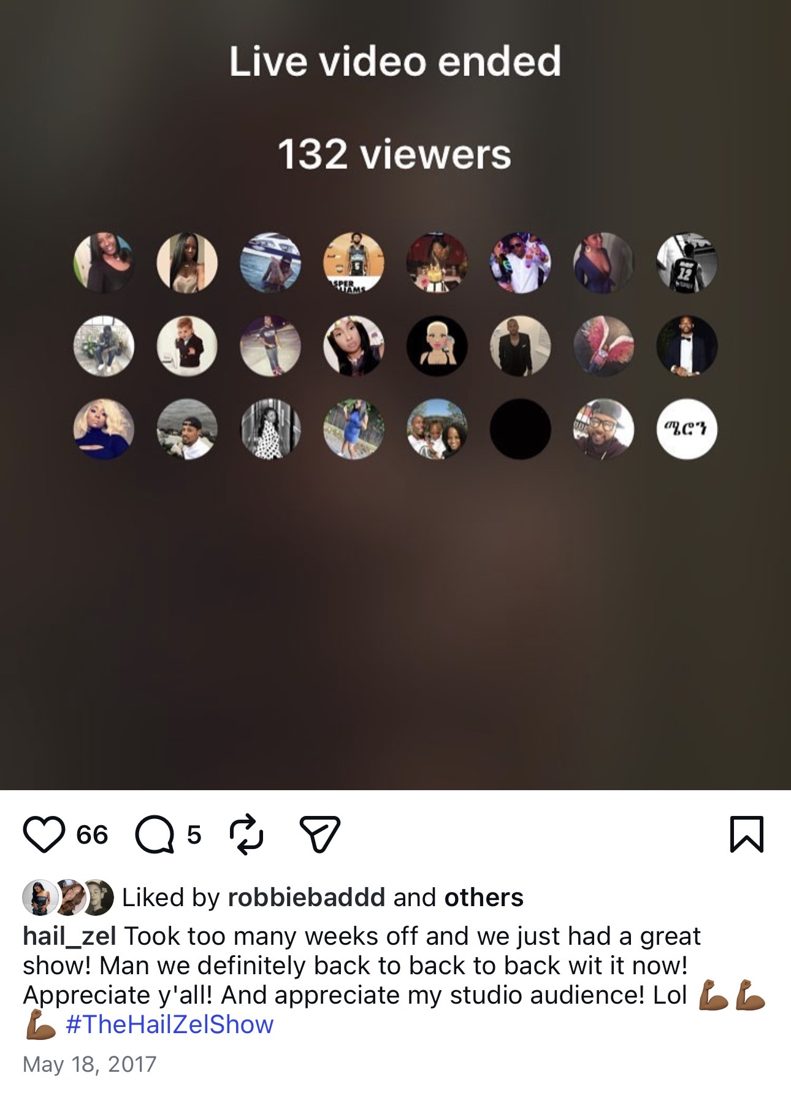 Instagram: Live video ended, 132 viewers, May 2017