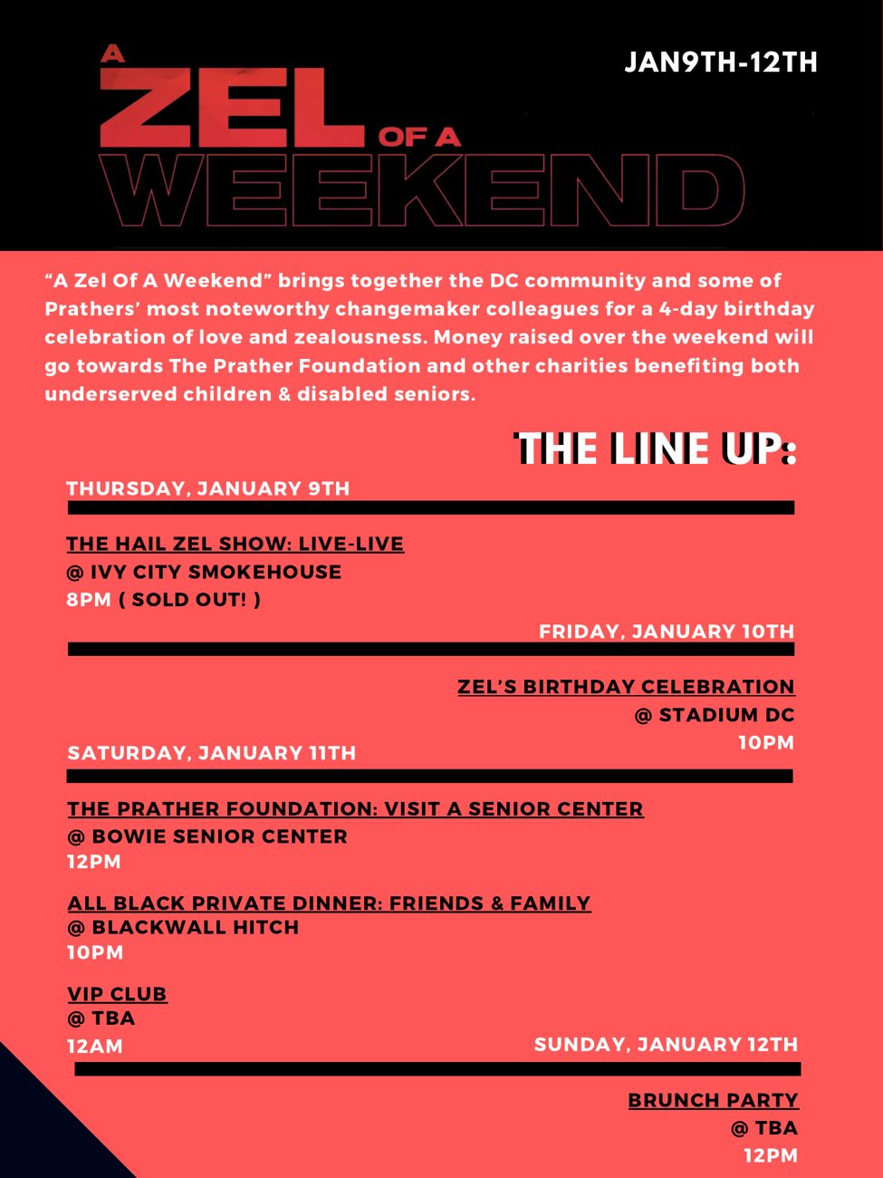 A Zel of a Weekend flyer, January 9th–12th: the Live-Live show at Ivy City Smokehouse (sold out), Zel’s birthday celebration, a Prather Foundation senior center visit, a friends and family dinner, and a brunch party