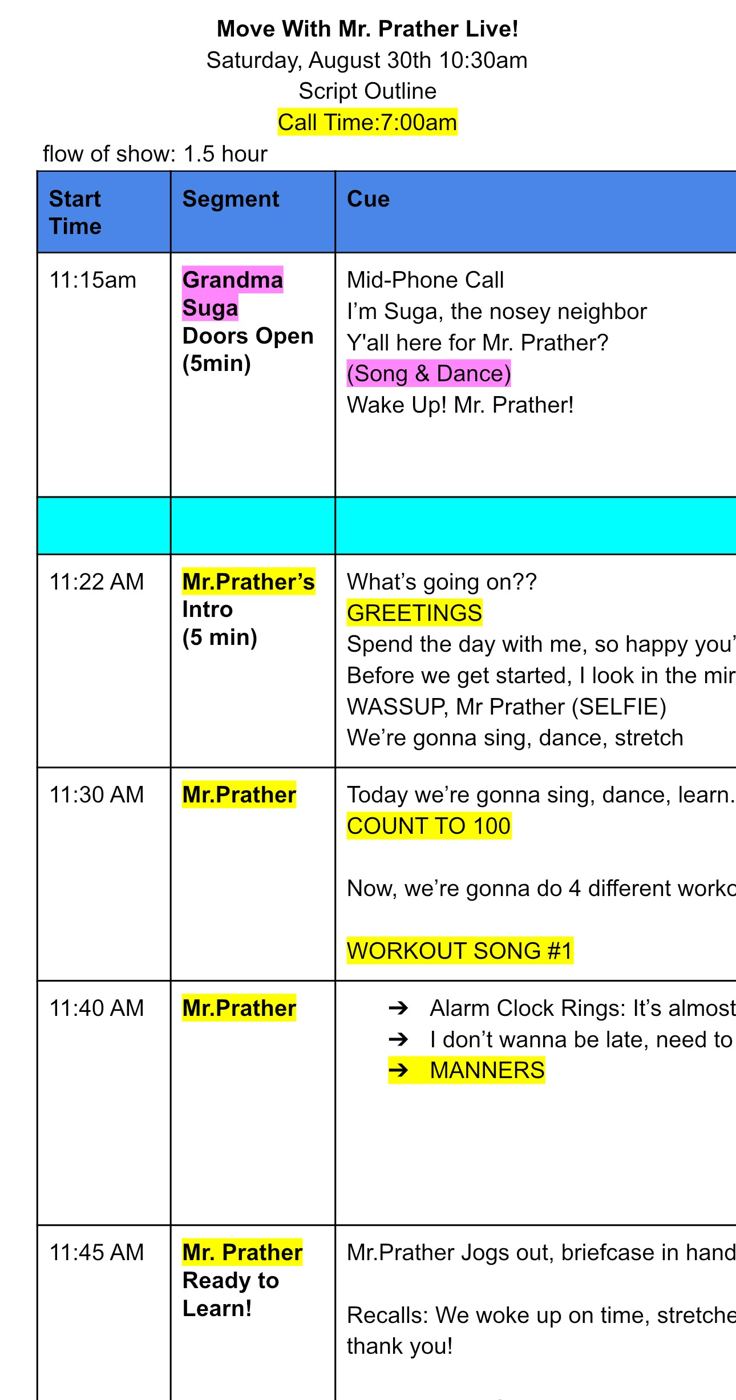 The script outline for Move With Mr. Prather Live!: 7:00am call time, then timed segments and cues from doors open to “Ready to Learn!”